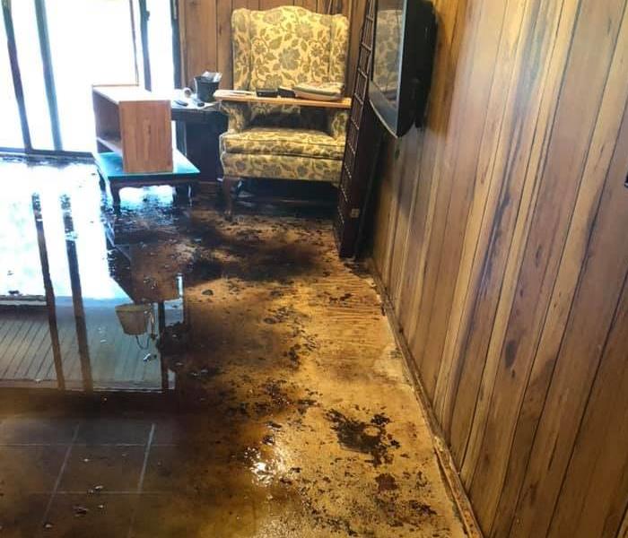 Water and mud in a room with wood walls and pieces of furniture